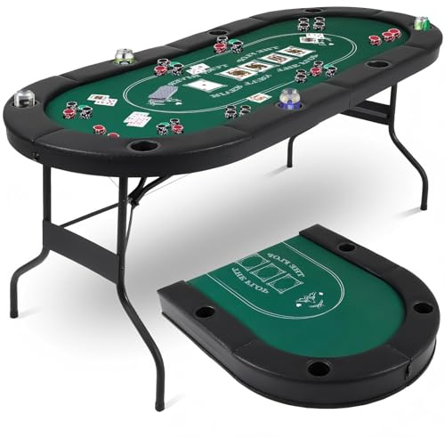 FAHKNS 8 Spieler Pokertisch klappbar, 183.9 cm Texas Holdem Casino Tisch mit gepolsterten Schienen und 8 Becherhaltern, tragbarer klappbarer Spieltisch für Texas Holdem Blackjack Brettspiele