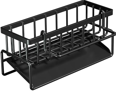GLEAVI Multipurpose Kitchen Sink Storage Rack with Draining Sponge Holder and Cleaning Brush Organizer Black Space Saving Dishcloth and Soap Dispenser Holder for Kitchen and Bathroom