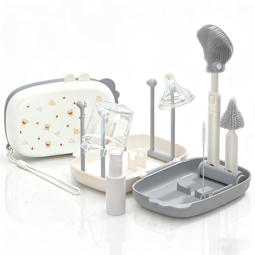 Leichtes 6-in-1 Silikon Flaschenbürsten-Set|Tragbare Aufbewahrungsbox & Faltbares Abtropfgestell|Doppelkopf-Bürste für Babyflaschen|Hitzebeständig & BPA-frei|Reiseset für Flaschenreinigung