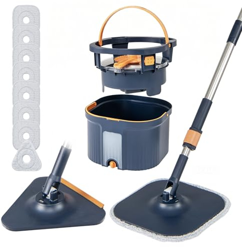 LIFEZEAL Balai Serpillière avec Seau Double, Tête Rotative 360° avec Chiffons Réutilisables, Séparation Eau Propre et Sale pour Sols Carrelage Parquet Maison (Bleu| 2 têtes + 9 Chiffons)
