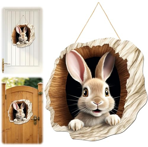 Osterhase Türschild 2D aus Holz, 30cm Osterdeko zum Aufhängen, Bunt Türdeko Frühling, Easter Decoration Eingangstür, Türschmuck Willkommen für Haustüren, Wände, Fenster