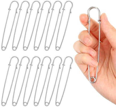 Larrel 12 Stück Sicherheitsnadeln Groß,10cm Extragroß Safety Pins Sicherheitsnadeln Set Metall Sicherheitsnadel Silber Sicherheitsnadel für Kleidung Quilten Kunsthandwerk Schmuckherstellung und Nähen