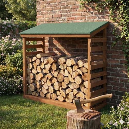 SUNWOOD Legnaia da Esterno in Legno di Pino Classe 4 Color Castagno, Tetto con Guaina Ardesiata Verde, Portalegna da Giardino - 204x70x184 cm