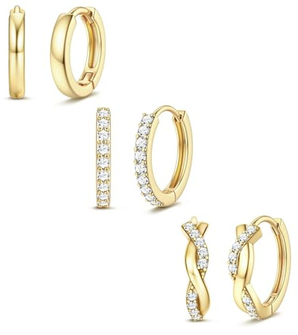 VOOSFSIE 3 Pares Pendientes de Aro, Pendientes Mujer Piercing Oro 14K, Acero Inoxidable Hipoalergénicos, Pendientes Aretes de Mujer, Cartílago Múltiples Piercings Hipoalergenicos