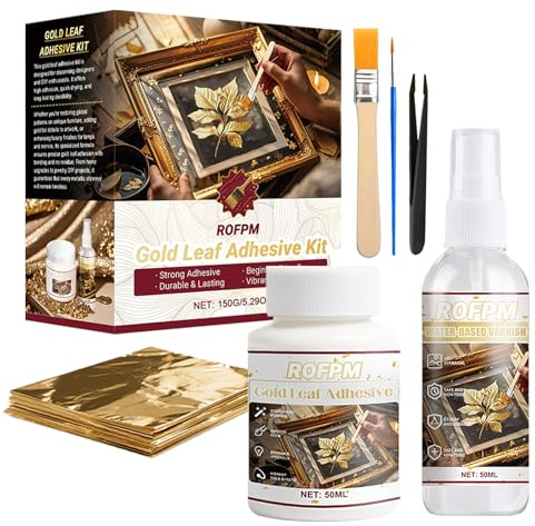 Set de pegamento de pan de oro, leche de colocación para pan de oro, 50 ml de pegamento y 50 ml de barniz protector a base de agua, pan de oro para manualidades, 100 unidades, hojas de metal