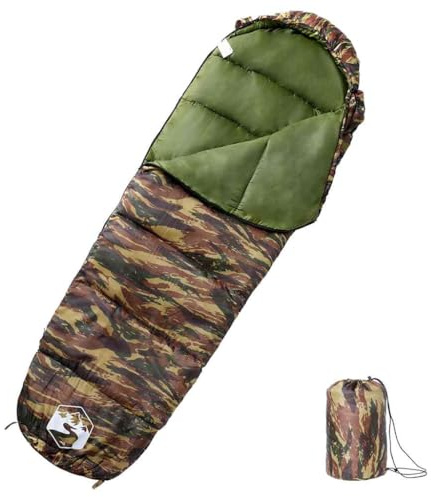 Ordellia Mumie-sovsäck för vuxna, 3 säsonger camping och vandring, 190T polyester, PP fyllning, 207 x 70 cm, 800 g, kamouflage, huva, dragkedja, packpåse för utomhus och tält