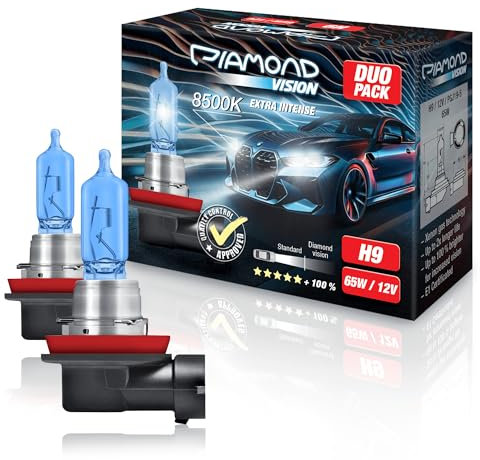 Diamond Vision 2x H9 12V 65W | Xenon Look | Halogen KFZ Autolampen | 8500k Super Ultra White | zweimal so langlebig | Duobox | E-Prüfzeichen | PGJ19-5