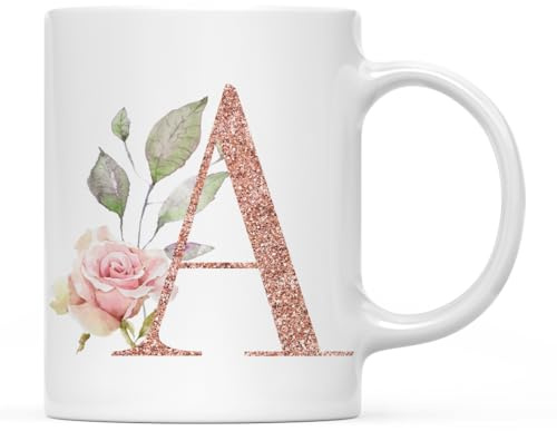 Andaz Press 11oz. Coffee Mug Gift, Pink Watercolor Roses with Faux Rose Gold Glitter Monogram Letter A, 1-Pack, Includes Gift Box, Christmas Birthday Mother's Day Graduation Coworker Present Ideas