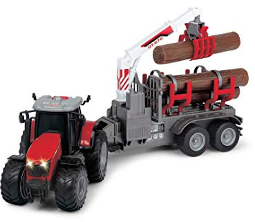 Dickie Toys 203737003 Toys Massey Ferguson Spielzeugtraktor mit Anhänger und 3 Holzstämmen, Holzgreifer, Trecker mit Anhänger, Typ 8737, Bauernhof Spielzeug, Licht & Sound, inkl. Batterien, 42 cm