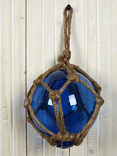 Küstenambiente Glas Fischerkugel 7,5cm im Netz Rot, Grün, Blau oder Amber martime Dekoration (Blau)