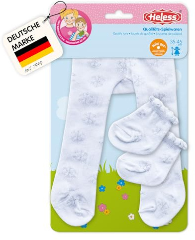 Heless 478 - Collant con calzino per Bambole, Bianco con Cristalli di Ghiaccio argentati, Taglia 35-45 cm