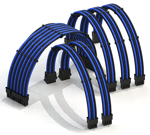 LINKUP - AVA 30cm Rallonge de Câble PSU Gainée Personnalisée GPU PC Tressé avec Kit de Peigne - Compatible avec RTX3090 | 1x24P (20+4) | 2x8P (4+4) CPU | 3x8 P (6+2) GPU | 300mm - Bleu Noir