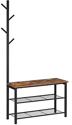 HOOBRO Coat Rack Shoe Bench, 3-Tier Shoe Rack, Industrial Shoe Organizer Storage Bench, Entry Bench with Mesh Shelves, for Entryway, Living Room, Hallway, Easy Assembly, Rustic Brown BF12HX01