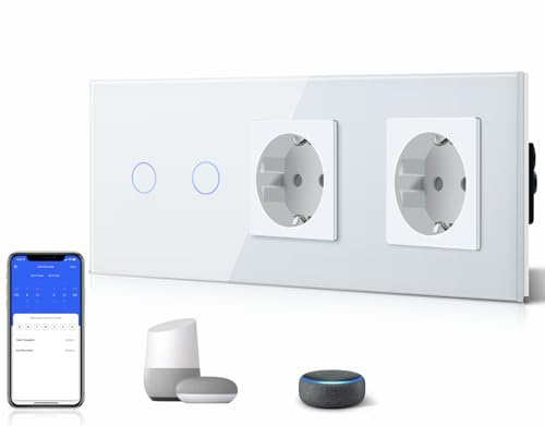 BSEED WLAN Schalter 2 Fach mit 2 Steckdosen (Neutralleiter Erforderlich) | WLAN Touch Lichtschalter WIfI Schalter aus Glas Alexa und Google Home Work mit Tuya