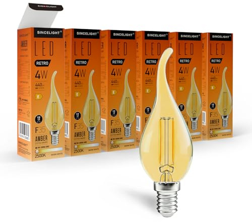 SINCELIGHT E14 LED Retro Filament Bulb, Vintage Flame-Like Candle Bulb, 4W, 440lm Equivalent to 50W, Amber, Extra Warm White 2500K, SES Small Edison Screw, Pack of 6