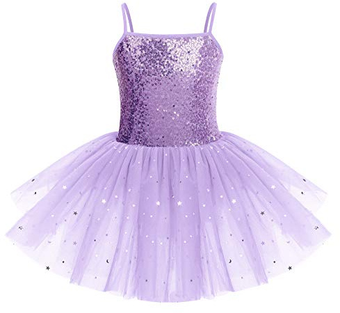 IWEMEK Abbigliamento da danza per bambini, senza maniche, con paillette, body da balletto, body da danza, con tutù, gonna da balletto, danza, viola., 7-8 Anni