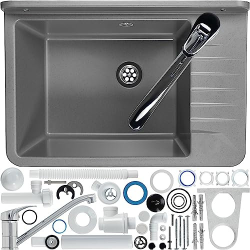 GOSPO Ausgussbecken aus Polypropylen, 50,4 x 34 x 26,5 cm, Spülbecken mit Armatur, Siphon und Montageset, Waschbecken, Waschtrog, Haushaltsspülbecken (Grau)