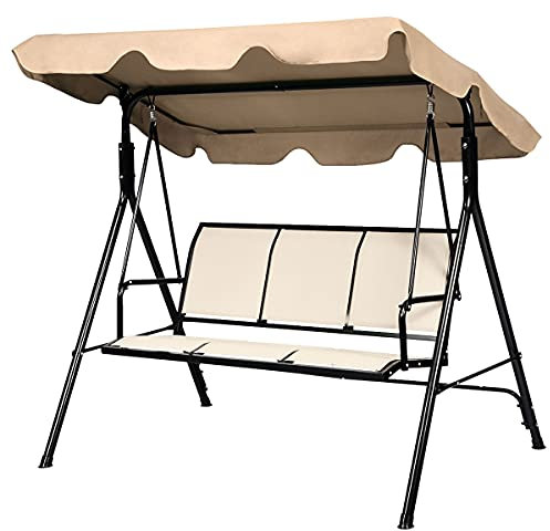 GIANTEX Hollywoodgunga 3-sits, trädgårdsgunga, trädgårdsstol, trädgårdsbänk med soltak och ryggstöd, gungstol, gungstol, gungbänk, metallram, trädgårdsfåtölj gunga trädgård, balkong, veranda (brun)