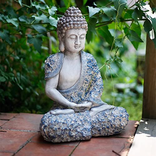 WABMJGW Buddha-Statue, Gartendekoration, Kunstharz, Zen, Sitzend, Meditierend, Mit Kunstblüte, Buddha-Figur Für Drinnen Und Draußen, Terrasse, Heimdekoration, Geschenke (L)