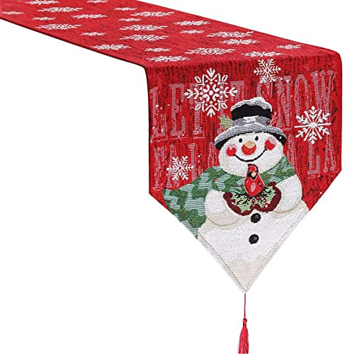 Ericrise Tischläufer, rot Baumwolle Leinen Weihnachten Tischläufer Quaste Tischwäsche mit Schneemann Schneeflocke muster Tischdecke für Thanksgiving Tisch Dekoration, 33 x 183 cm
