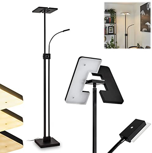 Lampada da terra LED Janze, lampada da terra dimmerabile in metallo/plastica in bianco/nero, con interruttore on/off sull'alloggiamento, dimmer a sfioramento e braccio di lettura