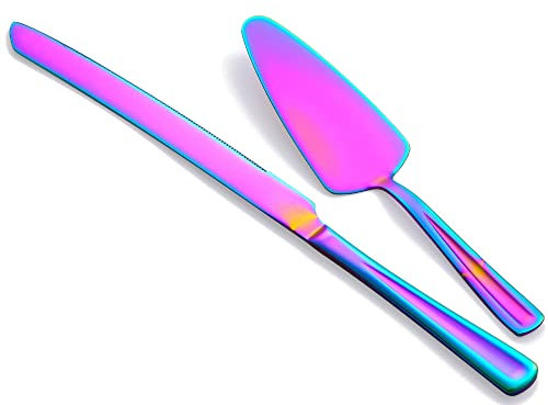 GoGeiLi Set di coltelli e server per torte arcobaleno, Set di taglio per torte in acciaio inox colorato per matrimonio, compleanno, feste