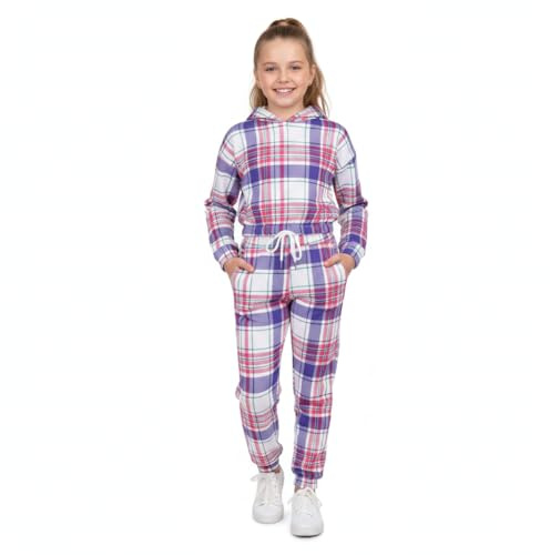A2Z 4 Kids Survêtement Tie Dye pour enfant fille avec capuche crop et pantalon de jogging Gym Sport Vêtements de sport Cordon de serrage Ensemble âge 5-13 ans, carreaux violets, 9-10 ans