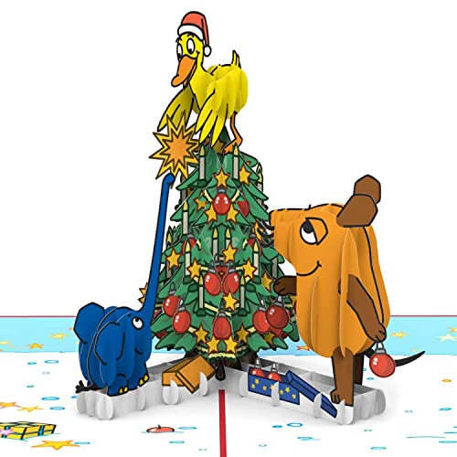 papercrush x Die Maus Pop-Up Karte Weihnachtsbaum, 3D Weihnachtskarte | Lustige Weihnachtsgrußkarte mit Maus, Elefant & Ente für Kinder, Handgemachtes Geldgeschenk für Jungen & Mädchen, Kinderkarte