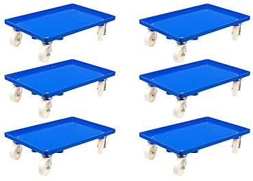 SparSet 6X Transportroller für Euroboxen 60x40cm mit Kunststoffräder blau | Geschlossenes Deck | 2 Lenkrollen & 2 Bockrollen | Traglast 300kg | Kistenroller Logistikroller Rollwagen Profi-Fahrgestell