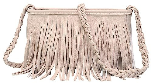 Anopo Fransen Crossbody Geldbörse für Damen Quaste Messenger Tasche PU-Leder Schultertasche Hobo Umhängetasche Fransentasche Beige
