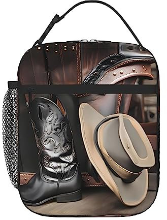 vacsAX Bolsa de almuerzo aislada con diseño de botas occidentales con sombrero negro de vaquero para mujeres/hombres, lonchera reutilizable, organizador con hombro ajustable