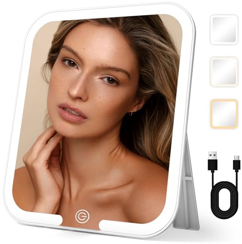 Miroir de maquillage de voyage avec lumière, grand miroir de maquillage éclairé de table de 23,4 x 20,3 cm, miroir de courtoisie de table avec lumières, miroir cosmétique de bureau rechargeable à DEL