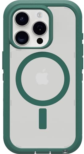 OtterBox Schutzhülle für iPhone 15 Pro (nur) Defender Series XT Clear Case – Velvet Evergreen (transparent), bildschirmlos, robust, rastet an MagSafe mit Schlüsselband
