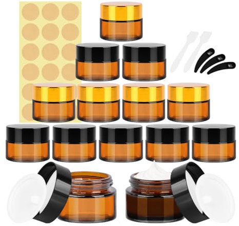 BELICOO 12 Pack Amber Glass Jars, 15ml 20ml Empty Cosmetic Jars with Lids - Small Sample Pots Containers for Powder, Face Creams, Candle, Lotion and Makeup