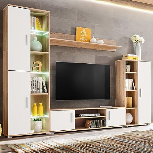 fernsehschrank,tv Board Weiss,tv Board,fernsehschrank Weiss,TV-Wohnwand mit LED-Leuchten Sonoma Eiche und Weißfernsehschrank weiß,fernseherschrank,tv Board,