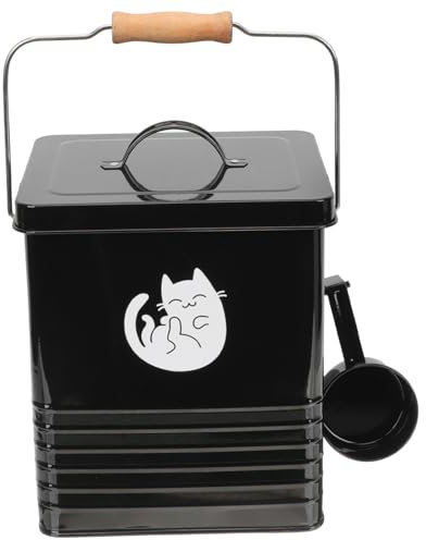 PRETYZOOM PET Food Storage Tin with Lid Sealed Cat Dog Food Bucket with Scoop Metal Treats Storage Canister Smooth Surface Black