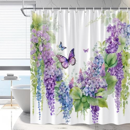 RDRUVA Floral Butterfly Shower Curtain, Purple Garden Scenery, Vine Wisteria Flower Watercolour Painting, Rustic Wildflower Animal Bathroom Decor, Machine Washable with Hooks 70x70IN