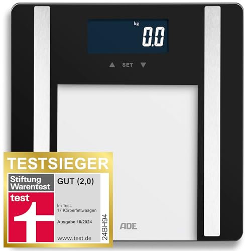 ADE Bilancia pesapersone impedenziometrica | bilancia digitale per grasso corporeo, BMI, massa muscolare, acqua corporea, peso, BMR | capacità di carico elevata di 200 kg | nero