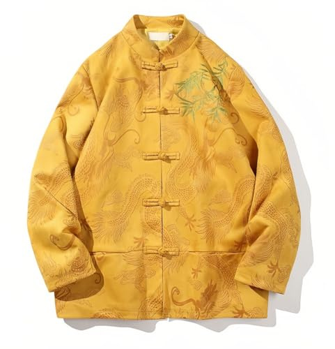 Tang Suit Men Jacket Chinese Hanfu Traditional Tang Suit for Men Kung Fu Shirt Uniform Long Sleeved Coat Tops and Pants(Yellow,X-Large)