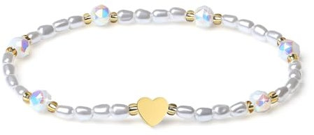 MetJakt Damen Armband Edelstein Stretch Stretcharmband 18k Vergoldet Herz 6MM Kristalle Perlenarmband Glitzer Kristalle 4MM Tropfenform Süßwasserperlen Damenschmuck (Porzellan Weiß Kristall)