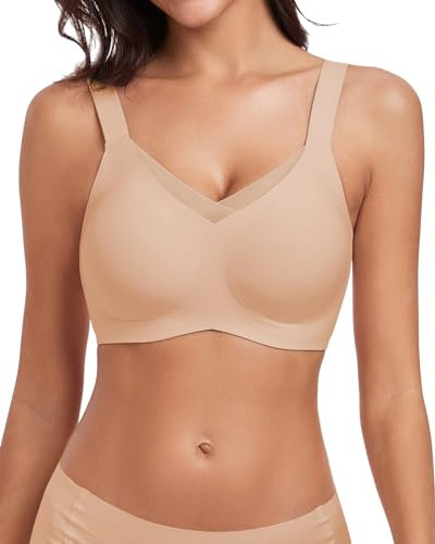 WOWENY Wireless Bras Padded with Support Seamless V Neck Lace Bralette Non Wired Comfy Bustier Everyday Bras for Women[Beige, XL]