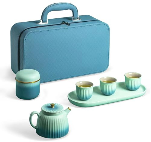 fanquare Japanisches Tragbare Reise Tee Set mit Reisetasche, Schwarz Porzellan Tee Service mit Teekanne, Mini Chinesisch Tee Set für Erwachsene, Geschenke Männer (Blaugrünes)