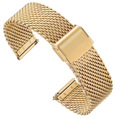 Zehior Edelstahl Metall Dick Gitter Uhrenarmbänder für Herren und Damen, Doppelter Sicherheitsverschluss, Schnellverschluss, Smart Watch Armbänder, Gold 18mm