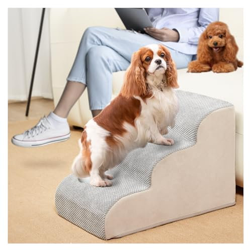 Iptienda Hundetreppe 3 Stufen, Tragbare Haustiertreppe aus Hochdichtem Schwamm, Stabile und rutschfeste Hundetreppe für Kleine Hunde Waschbare Abdeckung 54x37x32cm(Grau)