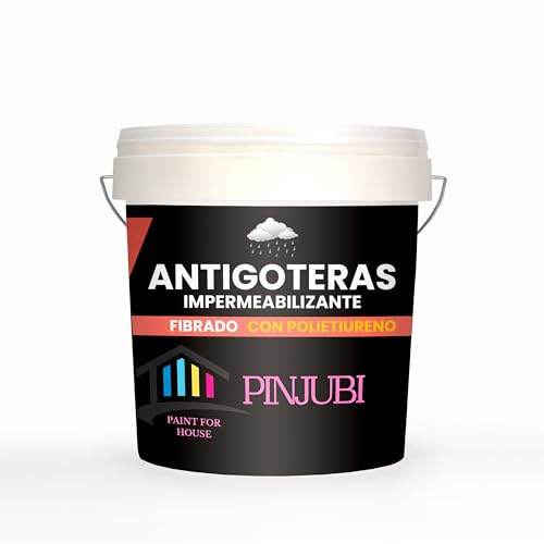 PINJUBI ANTIGOTERAS impermeabilización reforzada con fibras y poliuretano, Pintura acrílica ELASTICA para impermabilización de cubiertas y terrazas visitables, puenteo de fisuras. (GRIS, 10 KG)