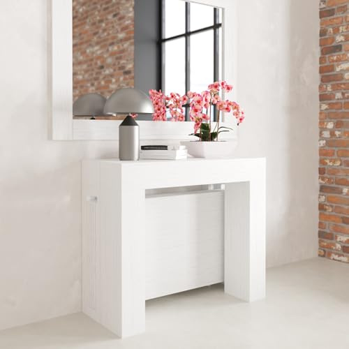 VE.CA - Tavolo Allungabile Kilika, Made in Italy - Console Allungabile con Porta Prolunghe fino a 3 Metri, 14 Posti - Arredo Moderno da Sala da Pranzo, Salvaspazio 90x40x77 Bianco Frassinato 14 Posti