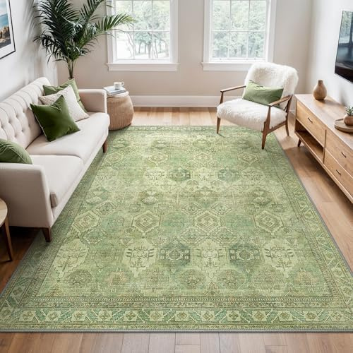BEIMO Tappeto Salotto Vintage, Tappeti Ingresso Interno, Tappeto Antiscivolo Lavabile, Grandi Tappeti Persiano per Cucina, Camera Da Letto, Ufficio, Bambù Verde, 150x210cm