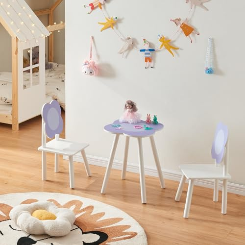 [en.casa] Kindertisch mit 2 Stühlen Simrishamn Kindersitzgruppe Kindermöbel Blumen-Design Kindertischgruppe Spieltisch abgerundete Ecken Kindersitzgarnitur Maltisch Basteltisch Weiß/Lila
