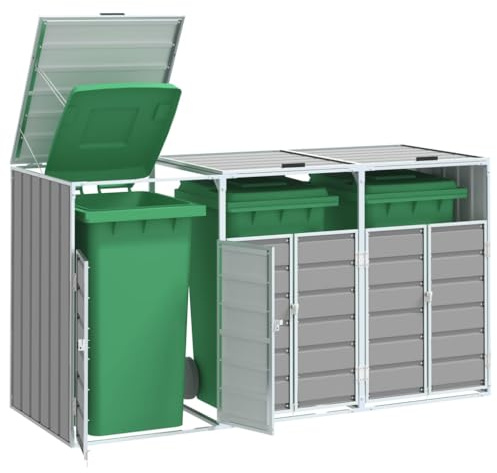Festnight Habillage de Poubelle en Acier pour 3 poubelles Cache Poubelle Exterieur Rangement de poubelles de Jardin Hangar à poubelles-Gris-3 poubelles