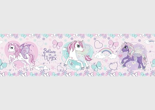 Selbstklebende Bordüre Einhorn AG Design, AWBD 8026 | Wasserfest Kinderzimmer Wand Aufkleber Dekoration | Wandbordüre für Mädchen und Junge | Folie, Mehrfarbig | Breite 500 cm x Höhe 13.8 cm